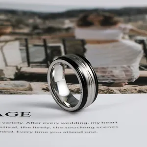 Close-up of minimalist men's stainless steel ring with multi-layered black enamel bands