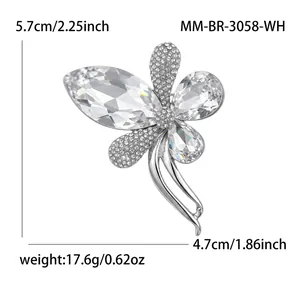 Elegant silver-toned butterfly brooch pin for women with clear crystals and size measurements.