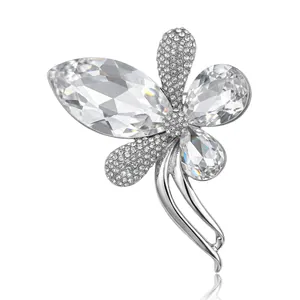 High-end crystal butterfly brooch with marquise rhinestones and silver-tone finish
