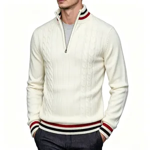 Pull Homme Style Britannique Demi-Fermeture Éclair en Tricot à Torsades Bordure Rayée Col Montant Manches Longues