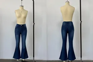Dunkelblaue Schlagjeans für Damen mit hoher Taille aus Stretch-Stoff und weitem Beinverlauf