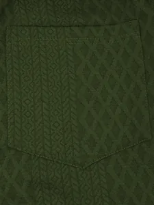 Macro view of olive green jacquard textured pocket detail on men's casual sports hoodie