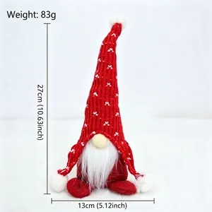Detailed view of the red knitted gnome doll with dimensions and 83g weight measurement