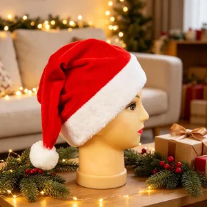 Bonnet de Noël Classique en Velours Rouge Avec Bordure en Peluche Couvre-chef Décoratif Pour Fête Adultes Et Enfants