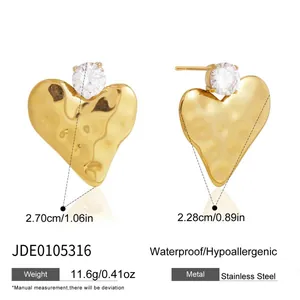 18K gold plated stainless steel hammered heart earrings with size specifications