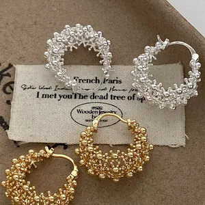 Vintage French Hollow Round Flower Basket Alloy Hoop Earrings Light Luxury Metallic Bead Texture Jewelry For Women