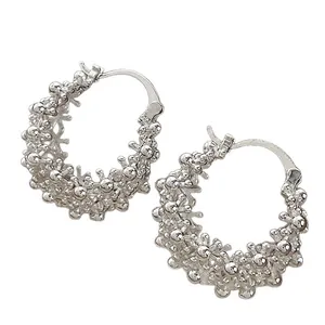 Exquisite silver-colored hollow basket hoop earrings with textured bubbly design.