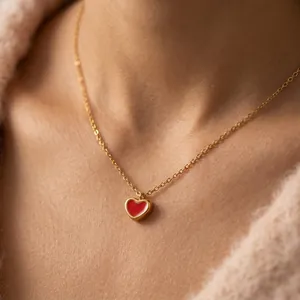 Herz Halskette Und Ohrstecker Schmuck Edelstahl Roter Emaille Französischer Romantischer Stil Hypoallergen Für Damen
