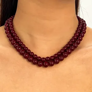 Vintage Weinrot Glas Perlen Halskette Mit Edelstahlverschluss Modische Geometrische Runde Perlenkette Für Damen Alltagsschmuck