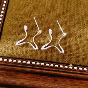 Minimalist silver geometric line stud earrings with fluid irregular shape
