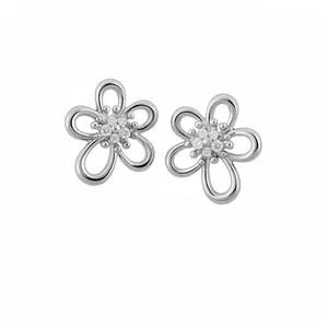 Eleganti orecchini a lobo a fiore traforato placcati oro bianco 18k con zirconi