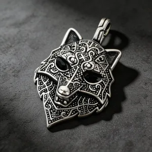 Norse wolf head stainless steel pendant with intricate Viking engraving for men