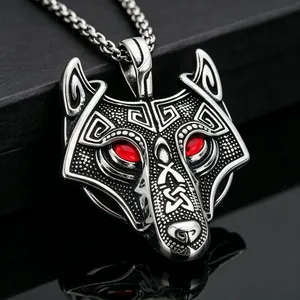 Vintage Norse mythology wolf head pendant in stainless steel with striking red eyes and chain