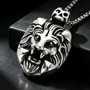 Detailed stainless steel lion head pendant with vintage roaring expression