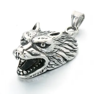 Vintage Norse mythology wolf head pendant in durable stainless steel for men's jewelry.