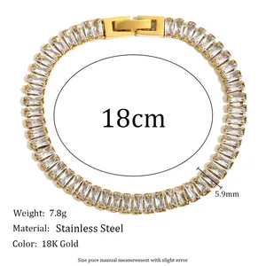 18K vergulde roestvrijstalen tennisarmband met witte rechthoekige kristallen, 18 cm