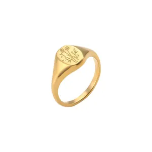 Minimalist 18K gold plated stainless steel signet ring with engraved sunflower pattern.