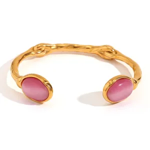Luxuriöses, 18 Karat vergoldetes Edelstahl-Manschettenarmband mit rosa ovalen Steinen