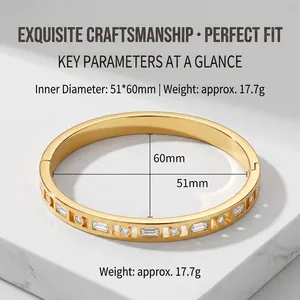 Close-up view of a gold-tone stainless steel bangle with inset zircon stones, 51x60mm