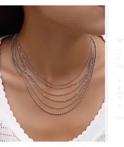Elegante mehrlagige Halskette aus S925 Sterlingsilber, getragen am Hals eines Models