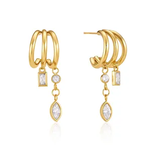 Elegant gold titanium steel triple-hoop earrings with marquise crystal dangles.