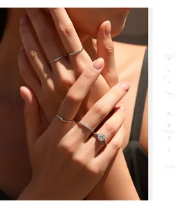 Professional close-up of elegant S925 sterling silver moissanite rings on female hands