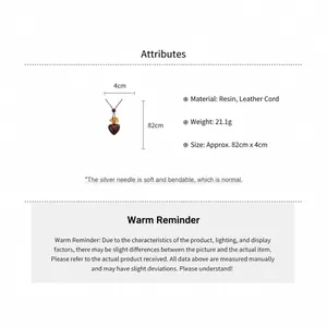 Detailed product specifications for the vintage resin heart pendant necklace with leather cord