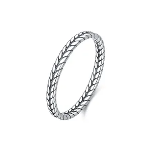 Elegant S925 sterling silver wheat ear ring featuring a vintage oxidized textured finish