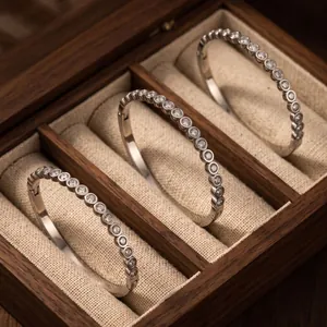 Women Fashion Stainless Steel Round Rhinestone Bangle Electroplated European Style Hinged Bracelet For Party Daily Jewelry