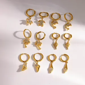 Luxus 304 Edelstahl Creolen Ozean Strand Thema Strass Gold PVD Beschichtet Meeresschildkröte Conch Delfin Kokospalme Anhänger Für Damen Sommer Schmuck