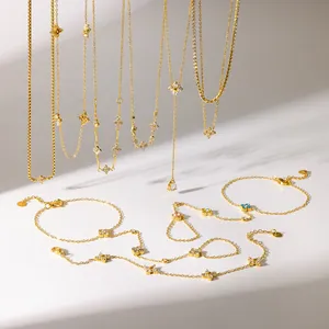 18K Gold Plated 304 Stainless Steel Rhinestone Four Leaf Clover Necklace Bracelet Set Fashion Elegant Jewelry For Women