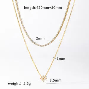 Detailed view of gold-colored stainless steel clover necklace set with measurements.