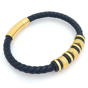 Braided black leather bracelet for men with gold knurled beads and magnetic clasp closure