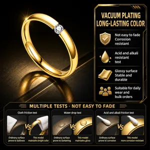 Minimalist gold plated titanium steel ring for women featuring a single sparkling crystal