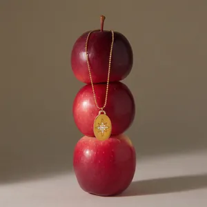 Close-up detail of a gold starburst pendant necklace draped over stacked red apples