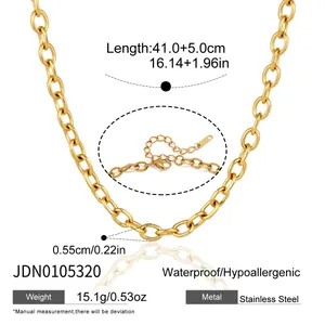 Detailed view of a gold stainless steel oval link chain necklace with dimensions.