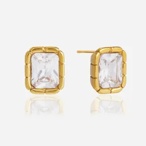 Luxury Stainless Steel Zirconia Stud Earrings Gold Plated Rectangular Ribbed Edge Studs For Women High Quality Jewelry