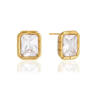 Luxurious stainless steel stud earrings featuring a large rectangular cubic zirconia gem