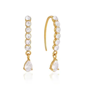 Elegant gold titanium steel earrings featuring sparkling zircon stones and pear-shaped drops
