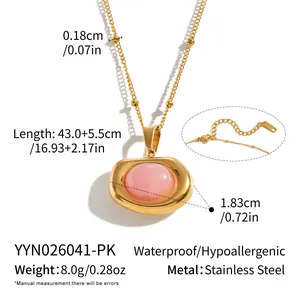 Stainless steel necklace with rose quartz pendant showing dimensions and weight details
