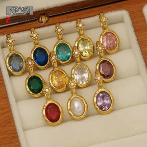 Close-up of colorful oval titanium steel pendants with various gemstone colors
