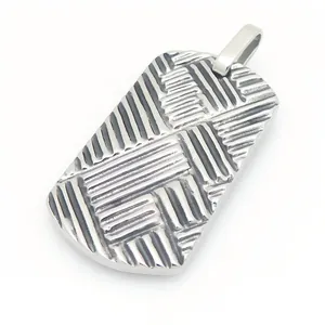 Textured titanium steel dog tag pendant with 3D diagonal cross-hatch pattern for men.