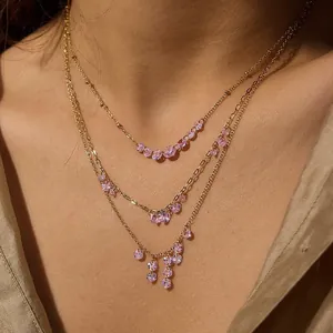 18K Gold Plated Stainless Steel Pink White Zirconia Tassel Gradient Pendant Necklace Classic Fashion Commuter Women Jewelry