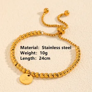 Bracelet perlé en acier inoxydable doré avec pendentif lettre F et cordon réglable