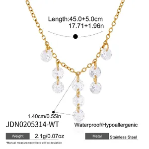 Detailed specification chart for a gold plated stainless steel tassel pendant necklace.