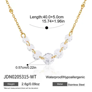 Detail view of gold white zircon pendant necklace with measurements and specs.