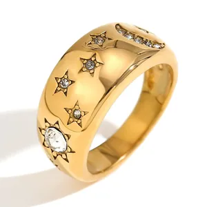 Chic 18K gold plated stainless steel band ring with sparkling celestial star and moon motifs