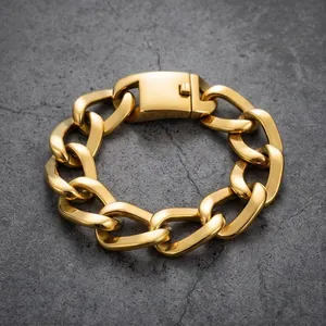 Pulsera de eslabones cubanos para hombre de acero inoxidable con acabado en oro pulido al vacío