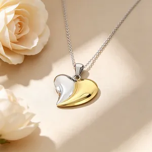 Vue détaillée du collier avec pendentif en forme de cœur bicolore or et argent 18K.