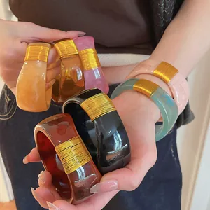 Detailed view of multicolored wide resin bangles with elegant gold wire-wrapped accents.